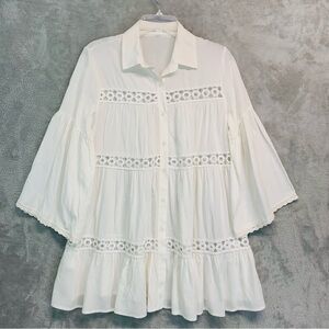 Beach White Tiered Lace Inserts Coverup Top Tunic Oversized OS ONE SIZE